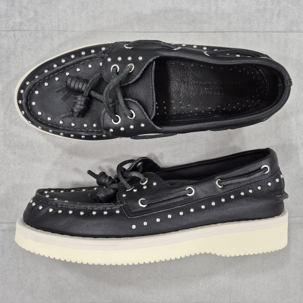 Sperry x Rebecca Minkoff Black Leather Studded Lug Loafer Boat Shoes w